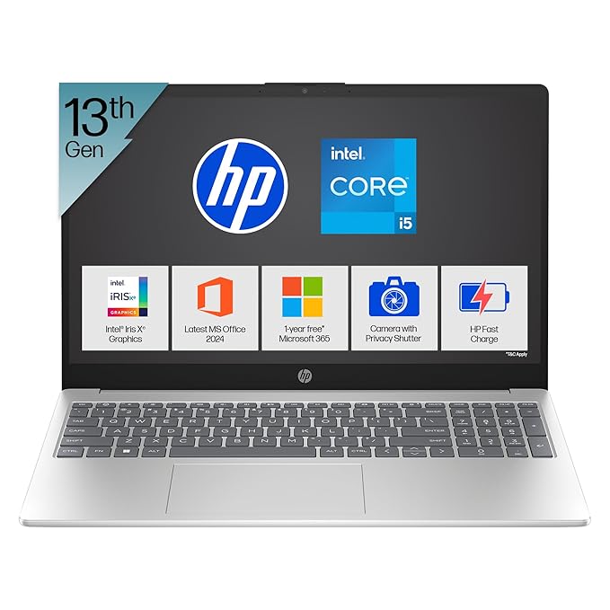 HP 15, 13th Gen Intel Core i5-1335U Laptop (16GB DDR4,512GB SSD) Anti-Glare, Micro-edge,15.6''/39.6cm, FHD, Win11,M365,Office24, Silver,1.59kg, Iris Xe Graphics, FHD Camera w/privacy