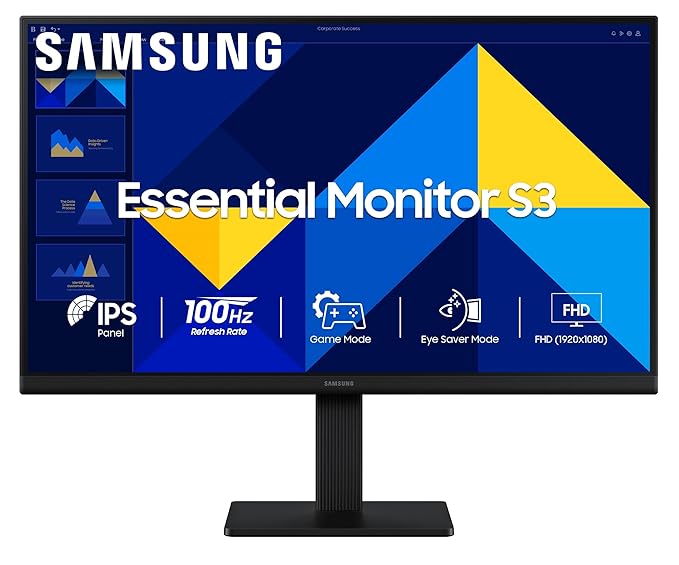 Samsung 24" (60.5 cm) S3 Flat Monitor|Super Slim Borderless Design|IPS Panel|FHD 1920 x 1080|100 Hz|5 ms|Ports-HDMI,VGA Black