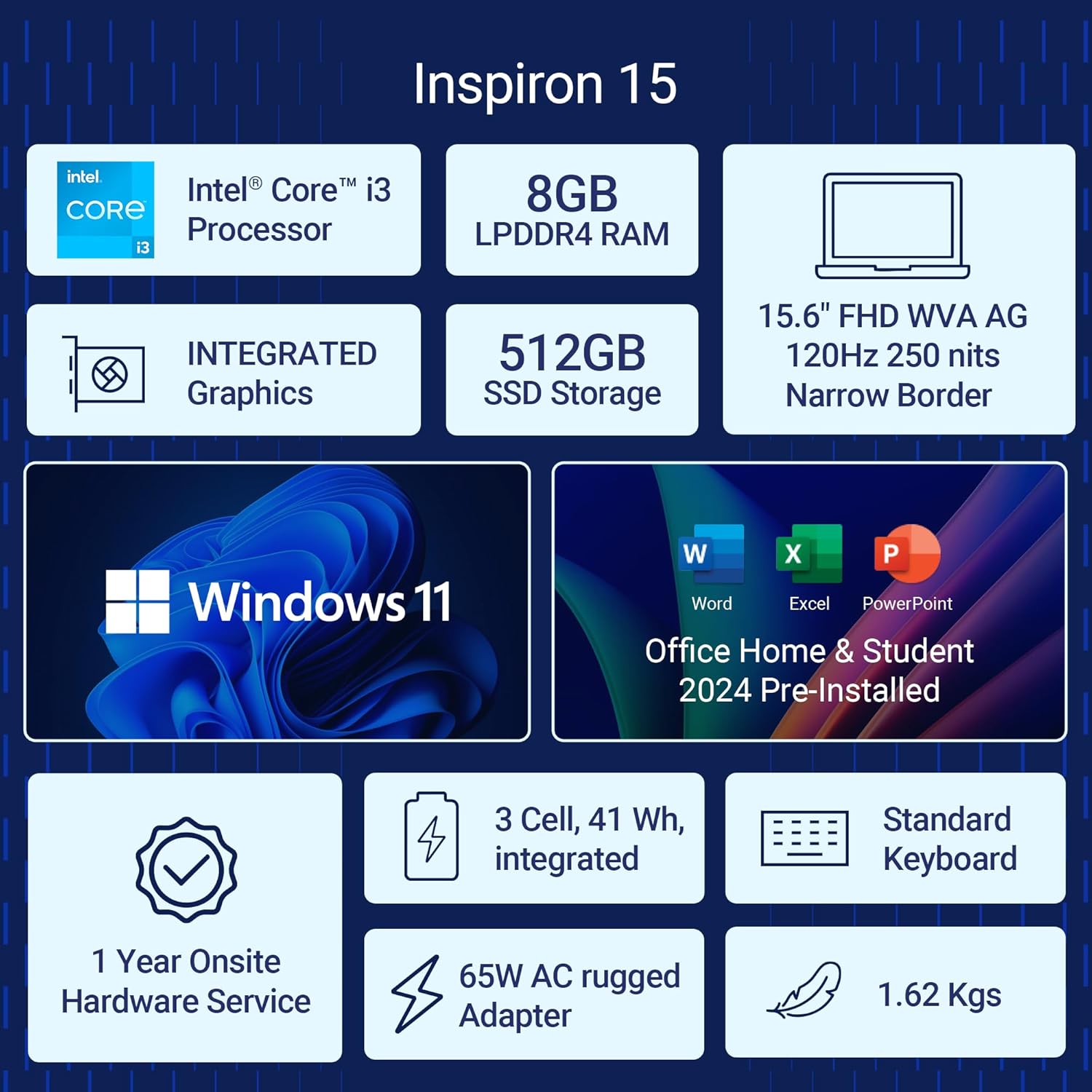 Dell 15 Thin & Light Laptop, 13th Generation Intel Core i3-1305U Processor, 8GB DDR4 + 512GB SSD, 15.6" FHD , Windows 11
