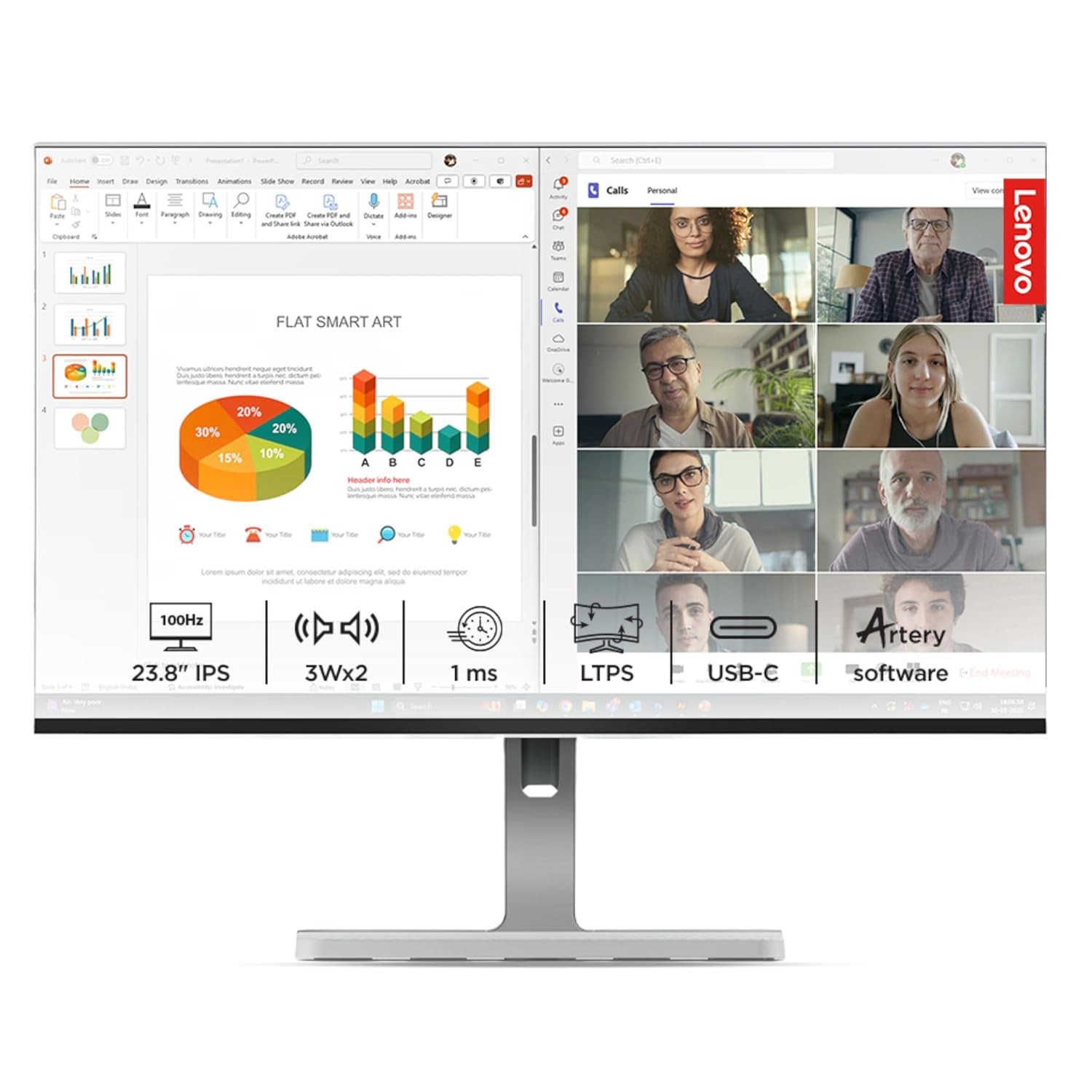Lenovo L-Series 24 inch (60.4cm) FHD IPS Monitor| 100Hz, 1ms, FreeSync, 3Wx2 Speakers