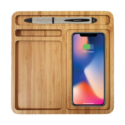 HK292 Bamboo 5W Wireless Desk Fast Charging Pad & Organizer | Eco-Friendly Charging Station